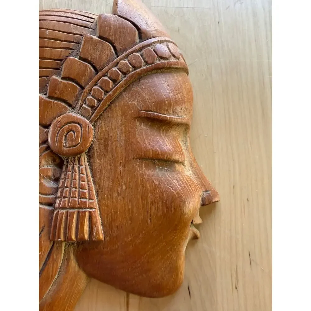 MCM VINTAGE Thai Teak Wood Carving Praying Woman Wai Wall Plaque Art Decor